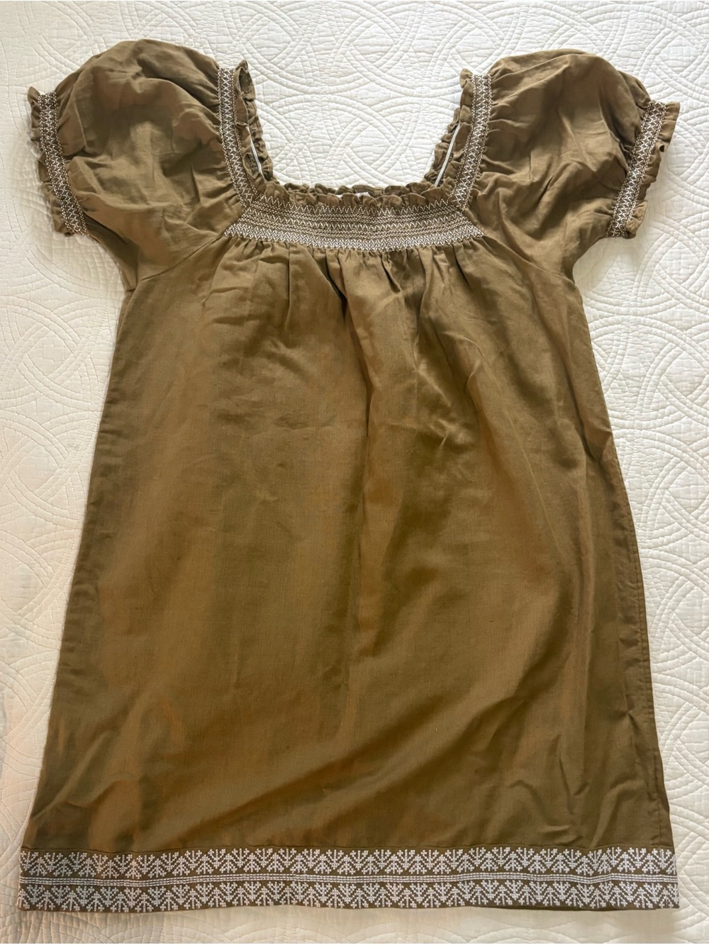 Amour Vert Organic Linen Cotton Dress Smocked Embroidered Medium Like New - Picture 2 of 8